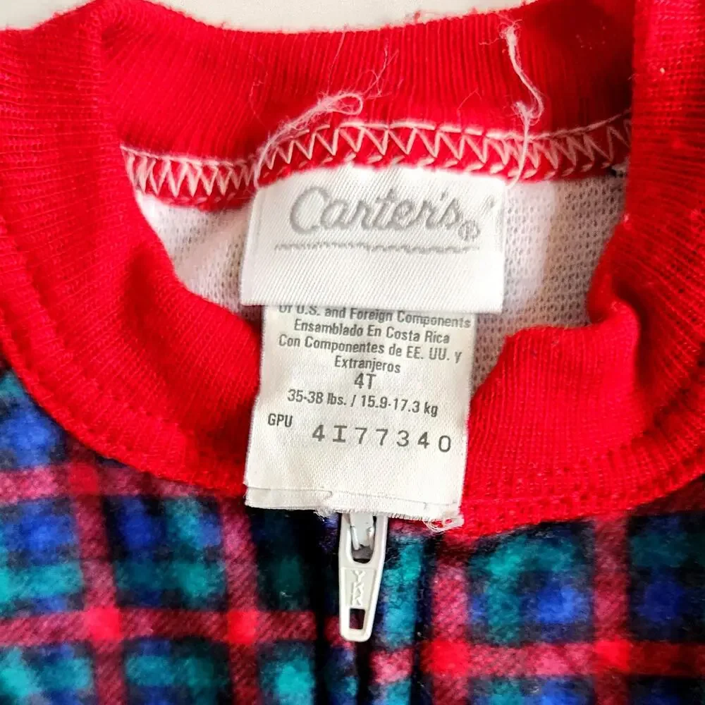🧸 Vintage Carter’s 90s Fleece Pajamas – 4T Plaid Footed Sleepwear w/ Teddy Bear